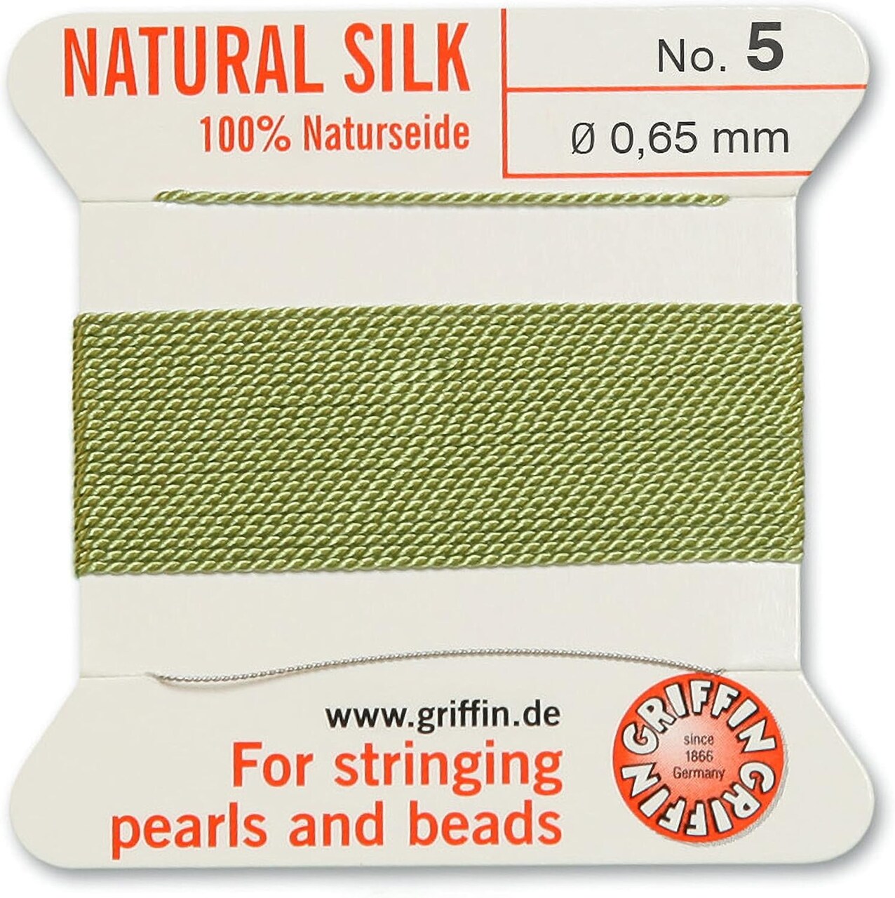 Griffin Silk Bead Cord Perlseide – Size 5 (0.65mm) – 2 Meters per Card – Stainless Steel Needle Attached – for Knotting Pearls, Gemstones, Crystals and Beads
